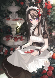 Rule 34 | 1girl, animal, animal ears, apple, apron, black dress, black hair, blush, breasts, brick wall, bug, butterfly, cat ears, cat girl, cat tail, cleavage, cleavage cutout, closed mouth, clothing cutout, commentary request, dress, flower, food, fountain, fruit, hair between eyes, hu kotora, insect, long hair, looking at viewer, maid, maid apron, maid headdress, medium breasts, original, puffy short sleeves, puffy sleeves, purple eyes, red apple, red flower, red rose, rose, short sleeves, solo, tail, very long hair, white apron, white flower, white rose, wrist cuffs