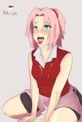 Rule 34 | 1girl, aftersex, black shorts, blush, breasts, cum, cum in mouth, cum on clothes, cum on tongue, facing viewer, female focus, green eyes, hair intakes, hair ornament, hairband, haruno sakura, highres, naruto, naruto (series), open mouth, pink hair, pink skirt, polka1216, red hairband, red shirt, shirt, short hair, shorts, simple background, skirt, solo, tagme, teeth, tongue, tongue out, upper teeth only