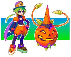 Rule 34 | 1girl, aile (mega man zx), breasts, cape, cleavage, closed mouth, gloves, green eyes, green hair, hat, jack-o&#039;-lantern, long hair, looking at viewer, mega man (series), mega man zx, mega man zx advent, shorts, simple background, smile, tomycase