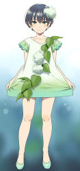 Rule 34 | 1girl, bare arms, black hair, blurry, blurry background, closed mouth, collarbone, depth of field, dress, eyebrows hidden by hair, flower, full body, gradient dress, green dress, green eyes, green footwear, hair between eyes, hair flower, hair ornament, mattaku mousuke, original, shoes, short hair, smile, solo, standing, white dress, white flower