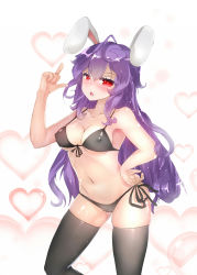 Rule 34 | 1girl, ahoge, alternate hairstyle, animal ears, bare arms, bare shoulders, bikini, black bikini, blush, breasts, cameltoe, cleavage, collarbone, covered erect nipples, curly hair, eyelashes, finger gun, fishnet thighhighs, fishnets, front-tie bikini top, front-tie top, groin, hand on own hip, heart, heart-shaped pupils, highres, large breasts, long hair, looking at viewer, navel, open mouth, pointing, pointing up, qys3, rabbit ears, red eyes, reisen udongein inaba, side-tie bikini bottom, simple background, skindentation, solo, swimsuit, symbol-shaped pupils, thighhighs, touhou, very long hair