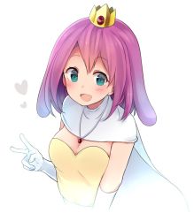 Rule 34 | 1girl, :d, animal ears, blush, breasts, cleavage, copyright request, crown, dog ears, duel masters, duel masters vsrf, elbow gloves, gloves, green eyes, heart, jewelry, medium breasts, mini crown, necklace, open mouth, pink hair, short hair, simple background, smile, solo, suruga (xsurugax), upper body, v, white background, white gloves