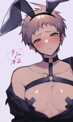 Rule 34 | 1boy, absurdres, alternate costume, amido (compassion273), animal ears, black shirt, blush, chest harness, collarbone, covered erect nipples, danganronpa (series), danganronpa 2: goodbye despair, earrings, fake animal ears, half-closed eyes, harness, highres, hinata hajime, jewelry, looking at viewer, male focus, male playboy bunny, o-ring, partially unbuttoned, pasties, rabbit ears, shiny skin, shirt, single bare shoulder, solo