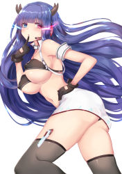 Rule 34 | 1girl, armband, ass, azur lane, bare shoulders, black gloves, black thighhighs, blue eyes, blue hair, breasts, choker, covered erect nipples, finger to mouth, gloves, habu rin, headphones, highres, horns, ibuki (azur lane), long hair, looking at viewer, medium breasts, miniskirt, navel, panties, panty peek, pencil skirt, red eyes, revealing clothes, sidelocks, simple background, skirt, solo, thighhighs, thighs, underboob, underwear, very long hair, white background, white skirt