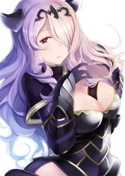 Rule 34 | 1girl, armor, bad id, bad pixiv id, between breasts, breasts, camilla (fire emblem), cleavage, cleavage cutout, clothing cutout, fire emblem, fire emblem fates, gauntlets, hair over one eye, hand in own hair, horn ornament, horns, large breasts, light purple hair, long hair, looking at viewer, nintendo, purple eyes, ringozaka mariko, simple background, solo, strap between breasts, tiara, upper body, white background