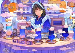 Rule 34 | 1girl, apron, buchi (qooo003), cafe, cherry, cloud, counter, cream soda, curtains, earrings, eyebrows hidden by hair, flower, food, fruit, highres, holding, holding notepad, jewelry, lamp, looking at viewer, maid, maid apron, maid headdress, medium hair, model train, moon, necklace, notepad, original, pen, spoon, star (sky), star (symbol), tareme, toaster oven, vase