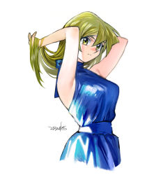 Rule 34 | 1girl, 203wolves, blonde hair, blue dress, closed mouth, cropped legs, dress, hair between eyes, hands in hair, long hair, signature, simple background, sleeveless, sleeveless dress, smile, solo, straight hair, tenjouin asuka, very long hair, white background, yellow eyes, yu-gi-oh!, yu-gi-oh! gx
