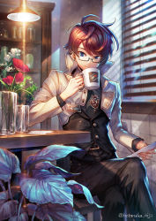 Rule 34 | 1boy, artist name, belt, blue eyes, brown hair, buttons, commentary request, cup, earrings, flower, highres, holding, holding cup, holding paper, hotaruika niji, indoors, jacket, jewelry, lamp, mug, original, pants, paper, plant, shirt, sitting, smile, solo, table, tile wall, tiles, white jacket, window
