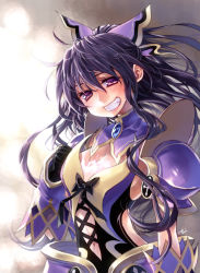 Rule 34 | 10s, 1girl, armopr, armor, armored dress, black hair, blush, bow, breasts, cleavage, date a live, grin, highres, long hair, looking at viewer, navel, purple eyes, shoulder pads, smile, solo, takanashi ringo, very long hair, yatogami tooka