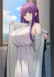 Rule 34 | 1girl, :t, blue sky, blurry, blurry background, blush, breasts, bright pupils, closed mouth, cloud, dress, fern (sousou no frieren), half updo, highres, huge breasts, looking at viewer, mijikayo, outdoors, pleated dress, pout, purple eyes, purple hair, raised eyebrows, robe, sky, sleeveless, sleeveless dress, solo, sousou no frieren, two-sided robe, undressing, white dress, white pupils