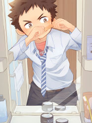 Rule 34 | 1boy, bandaid, bathroom, brown eyes, brown hair, commentary, commentary request, dress shirt, highres, indoors, kotatsu keibiin, looking at mirror, male focus, mirror, mirror image, necktie, original, reflection, room, shirt, short hair, sink, symbol-only commentary