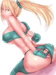 Rule 34 | 1girl, adjusting clothes, adjusting panties, ass, bandeau, bare shoulders, blonde hair, breasts, butt crack, elbow pads, fingerless gloves, fumio (rsqkr), gloves, kneeling, large breasts, looking back, metroid, nintendo, panties, pinky out, ponytail, samus aran, shoulder pads, sitting, solo, strapless, thighhighs, tube top, underboob, underwear