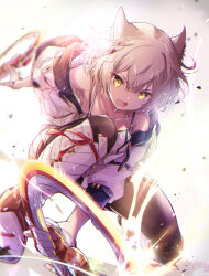 Rule 34 | 1girl, animal ear fluff, animal ears, attack, breasts, camisole, cat ears, gloves, grey hair, highres, holding, holding weapon, jacket, looking at viewer, medium breasts, mio (xenoblade), pantyhose, short hair, skirt, solo, sparks, tank top, ui frara, weapon, white camisole, white jacket, white skirt, xenoblade chronicles (series), xenoblade chronicles 3, yellow eyes