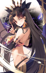 Rule 34 | 1girl, armlet, asymmetrical sleeves, back, bad id, bad pixiv id, bare shoulders, bikini, black bikini, black ribbon, blush, breasts, closed mouth, earrings, elbow gloves, fate/grand order, fate (series), gloves, heavenly boat maanna, highres, hoop earrings, ishtar (fate), jewelry, kooemong, long hair, looking at viewer, medium breasts, neck ring, one eye closed, parted bangs, red eyes, ribbon, single elbow glove, smile, solo, sparkle, star (symbol), starry background, swimsuit, tiara, two side up, uneven sleeves, white bikini