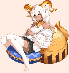 Rule 34 | 1girl, absurdres, animal ear fluff, animal ears, arknights, bare shoulders, beeswax (arknights), black shorts, brown background, cardigan, dark-skinned female, dark skin, full body, goat ears, goat girl, goat horns, highres, horns, long hair, looking at viewer, neti (cpu11151), no shoes, off shoulder, open cardigan, open clothes, own hands together, parted lips, pillow, shirt, shorts, simple background, solo, steepled fingers, thighhighs, white cardigan, white hair, white shirt, white thighhighs, yellow eyes