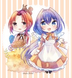 Rule 34 | 1boy, 1girl, :o, animal, animal on head, apron, artist name, bird, blue hair, brown vest, bush, chibi, hair between eyes, highres, hiyono soradori, holding, holding plate, long sleeves, maid, on head, original, parted bangs, plate, ponytail, squirrel, standing, striped background, vest