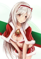 Rule 34 | 1girl, anna (sennen sensou aigis), bell, bikini, breasts, capelet, christmas, cleavage, collarbone, cowboy shot, fur trim, hairband, hanging breasts, head tilt, large breasts, leaning forward, looking at viewer, nannacy7, navel, red bikini, red eyes, red skirt, santa costume, sennen sensou aigis, silver hair, simple background, skirt, smile, solo, stomach, swimsuit