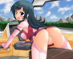 Rule 34 | 00s, 1girl, ass, bent over, blue eyes, cleft of venus, cockpit, green hair, hase yu, kotona elegance, no panties, pussy, solo, straddling, thighhighs, uncensored, zoids, zoids genesis