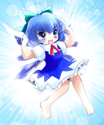 Rule 34 | 1girl, barefoot, blue eyes, blue hair, bow, cirno, dress, fang, flexing, hair bow, highres, matching hair/eyes, open mouth, short hair, smile, solo, touhou, wings, yume shokunin
