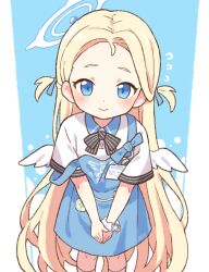 Rule 34 | 1girl, angel&#039;s 24 uniform (blue archive), angel wings, apron, blonde hair, blue apron, blue archive, blue halo, blush, closed mouth, collared shirt, commentary, feet out of frame, halo, long hair, looking at viewer, onyhakase, polo shirt, shirt, short sleeves, socks, solo, sora (blue archive), white shirt, white socks, white wings, wings, yellow eyes