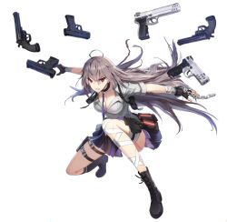 Rule 34 | 1girl, belt pouch, black footwear, black gloves, boots, buckle, collar, counter:side, cross-laced footwear, eujin, full body, gloves, grey hair, gun, handgun, holster, lace-up boots, long hair, multiple weapons, necktie, official art, open clothes, partially unbuttoned, pouch, red eyes, skirt, snap-fit buckle, solo, thigh holster, transparent background, weapon