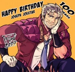 Rule 34 | 1boy, bara, beard, character name, coat, collarbone, elbow rest, english text, facial hair, gloves, green eyes, grey hair, happy birthday, highres, impetuss, jojo no kimyou na bouken, joseph joestar, joseph joestar (old), male focus, manly, muscular, mustache, necktie, old, old man, padded coat, pants, pectorals, short hair, sitting, smile, solo, torn clothes, torn pants, upper body, white gloves