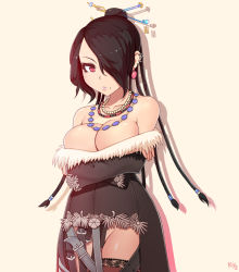 Rule 34 | 00s, 1girl, bare shoulders, beads, beige background, belt, black dress, black hair, braid, breast hold, breasts, brown thighhighs, buckle, cleavage, cowboy shot, crossed arms, detached sleeves, dress, ear piercing, earrings, female focus, final fantasy, final fantasy x, fur trim, groin, hair bun, hair ornament, hair over one eye, hair stick, hairpin, huge breasts, jewelry, kuroonehalf, lace, lace-trimmed legwear, lace trim, large breasts, long hair, long sleeves, lulu (ff10), makeup, mascara, mole, mole under mouth, multiple braids, necklace, no bra, piercing, red eyes, showgirl skirt, signature, simple background, single hair bun, solo, strapless, strapless dress, swept bangs, thighhighs, very long hair