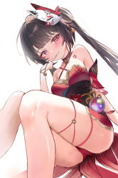 Rule 34 | 1girl, absurdres, ass, bare shoulders, bell, black choker, blush, bow, breasts, brown hair, chest tattoo, choker, criss-cross halter, dress, dutch angle, eyeliner, feet out of frame, finger to mouth, flower tattoo, fox mask, hair bow, halterneck, highres, honkai: star rail, honkai (series), hui zhong zhi meng, knees together feet apart, large breasts, long hair, makeup, mask, mask on head, neck bell, obi, panties, pantyshot, pink eyes, red bow, red dress, red eyeliner, red panties, sash, short dress, sidelocks, simple background, sitting, sleeveless, sleeveless dress, solo, sparkle (honkai: star rail), tattoo, thighs, twintails, underwear, white background