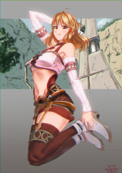 Rule 34 | 1girl, arm behind head, blonde hair, breasts, detached sleeves, fiora (xenoblade), from below, garter straps, grey background, highres, jumping, long hair, looking at viewer, medium breasts, miniskirt, momomoxeno, navel, nintendo, outdoors, signature, skirt, smile, solo, thighhighs, xenoblade chronicles (series), xenoblade chronicles 1, xenoblade chronicles (series)