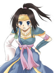 Rule 34 | 1girl, armor, black hair, blue eyes, breasts, capelet, cleavage, collarbone, earrings, hands on own hips, happypink, inahime, jewelry, kanzaki miyuki (happypink), looking at viewer, lowres, necklace, pearl necklace, ponytail, sengoku musou, simple background, solo, white background