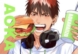 Rule 34 | 1boy, burger, cup, disposable cup, eating, food, headphones, headphones around neck, holding, holding cup, holding food, hood, hoodie, kagami taiga, kuroko no basuke, looking at object, male focus, mirin (coene65), open mouth, portrait, red eyes, red hair, short sleeves, solo, white background, white hoodie