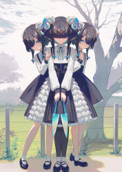 Rule 34 | 3girls, bare tree, behind another, black dress, black footwear, black hair, blue hair, blue ribbon, braid, closed mouth, cloud, colored inner hair, dress, english text, facing viewer, fence, frilled dress, frills, full body, grass, hair over one eye, hair ribbon, highres, holding, holding scissors, horns, lace, lace-trimmed dress, lace trim, long sleeves, looking at viewer, mary janes, medium hair, multicolored hair, multiple girls, neck ribbon, original, outdoors, parted lips, ribbon, scissors, shadow, sheep, sheep girl, sheep horns, shoes, sidelocks, sky, smile, socks, standing, streaked hair, tree, twin braids, two-tone dress, two-tone hair, wakuseiy, white dress, white socks