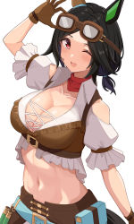 Rule 34 | 1girl, absurdres, animal ears, belt, black hair, breasts, cleavage, commentary, gloves, goggles, goggles on head, highres, horse ears, horse girl, horse tail, large breasts, looking at viewer, nagaburo imoni, navel, official alternate costume, one eye closed, open mouth, red eyes, short hair, simple background, solo, tail, umamusume, white background, winning ticket (dream deliverer) (umamusume), winning ticket (umamusume)