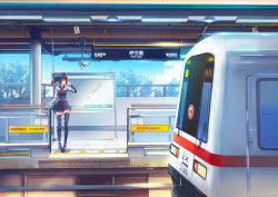 Rule 34 | 1girl, black hair, china railways, erich, long hair, multicolored hair, original, personification, ponytail, red eyes, red hair, solo, thighhighs, train, train station, two-tone hair
