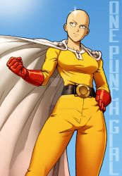 Rule 34 | 1girl, bald, bald girl, belt, belt buckle, black belt, bodysuit, buckle, cape, closed mouth, floating cape, gloves, hand on own hip, hand up, highres, legs apart, looking away, one-punch man, red gloves, saitama (one-punch man), smile, solo, taut bodysuit, white cape, wind, yellow bodysuit, zipper, zipper pull tab