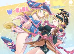 Rule 34 | 2girls, artist name, bare shoulders, blonde hair, blush, blush stickers, breasts, capelet, cellphone, chain, character name, closed mouth, collar, commentary, copyright name, dark magician girl, dress, duel monster, gagaga girl, green eyes, hat, highres, holding, long hair, looking at viewer, medium breasts, misaka (missa), multiple girls, one eye closed, open mouth, pelvic curtain, phone, purple eyes, shiny skin, short dress, short hair, simple background, smile, thighs, vambraces, wand, wizard hat, yu-gi-oh!, yu-gi-oh! duel monsters, yu-gi-oh! zexal