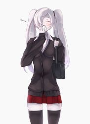 Rule 34 | 10s, 1girl, abyssal ship, alternate costume, bad id, bad pixiv id, bag, bookbag, breasts, cardigan, cleavage, closed eyes, covering own mouth, hand over own mouth, kantai collection, kotohane, pale skin, personification, school bag, school uniform, skindentation, skirt, sleeves past wrists, solo, southern ocean oni, thighhighs, twintails, white hair, yawning