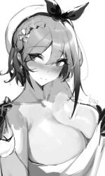 Rule 34 | 1girl, absurdres, artist name, atelier (series), atelier ryza, blush, braid, breasts, cleavage, closed mouth, collarbone, earrings, gloves, greyscale, hat, highres, holding, hyou (2664286753), jewelry, large breasts, looking at viewer, monochrome, reisalin stout, short hair, simple background, smile, solo, upper body, white background