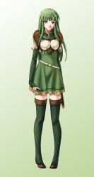 Rule 34 | 1girl, absurdres, armor, belt, boots, breastplate, chainmail, dress, fire emblem, full body, gold trim, gradient background, green background, green eyes, green footwear, green hair, green theme, grey background, high belt, highres, index finger raised, long hair, long sleeves, looking at viewer, nintendo, palla (fire emblem), pauldrons, pleated dress, sheath, short dress, shoulder armor, simple background, solo, standing, tamamon, thigh boots, thighhighs, zettai ryouiki