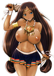 Rule 34 | 1girl, aq interactive, armlet, bandages, blue eyes, breasts, browser sangokushi, circlet, collarbone, dark-skinned female, dark skin, dual wielding, earrings, holding, huge breasts, jewelry, knife, long hair, navel, necklace, nipples, pleated skirt, sangokushi taisen, shukuyu, simple background, skirt, solo, sword, tooth necklace, topless, tousen, twintails, very long hair, weapon, white background