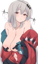 Rule 34 | 1girl, areola slip, arknights, bare shoulders, black pasties, breasts, chunta, clothing cutout, commentary request, cross pasties, dress, grey hair, highres, large breasts, long hair, looking at viewer, navel, navel cutout, pasties, phoenix crown, red dress, red eyes, simple background, skadi (arknights), skadi the corrupting heart (arknights), solo, sweat, upper body, white background