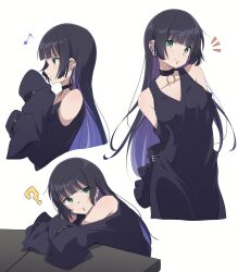 Rule 34 | 1girl, ?, absurdres, arm rest, black choker, black dress, black hair, blunt bangs, bocchi the rock!, chin piercing, choker, clothing cutout, colored inner hair, dress, ear piercing, earclip, eitopondo, from side, goth fashion, green eyes, hand on table, highres, hime cut, long dress, long hair, long sleeves, looking at viewer, multicolored hair, multiple views, musical note, notice lines, pa-san, piercing, purple hair, shoulder cutout, simple background, sleeves past fingers, sleeves past wrists, smile, two-tone, white background