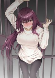 Rule 34 | 1girl, against fence, blush, breasts, closed mouth, fate/grand order, fate (series), fence, hair between eyes, hair intakes, highres, large breasts, long hair, long sleeves, looking at viewer, looking up, pantyhose, purple hair, red eyes, scathach (fate), scathach (fate), solo, sweater, thighband pantyhose, white sweater, yoshiki360