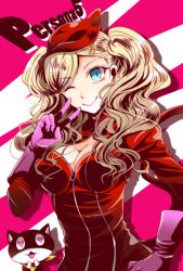 Rule 34 | 10s, 1girl, blonde hair, blue eyes, bodysuit, cleavage cutout, clothing cutout, copyright name, gloves, hasumi hiko, heart, heart-shaped pupils, long hair, looking at viewer, mask, morgana (persona 5), one eye closed, persona, persona 5, smile, symbol-shaped pupils, takamaki anne, twintails, v