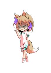 Rule 34 | 1girl, animal ears, black eyes, blonde hair, bow, breasts, brown eyes, chibi, dairi, fox ears, fox tail, full body, ghost, green bow, hair between eyes, hand up, jumpsuit, kudamaki tsukasa, looking to the side, open mouth, shaded face, short hair, short sleeves, simple background, small breasts, smile, smug, socks, solo, standing, tachi-e, tail, test tube, touhou, transparent background, white background, white jumpsuit, white sleeves, white socks