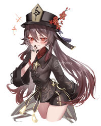 Rule 34 | 1girl, absurdres, artist name, black bow, black coat, black hat, black nails, black shorts, blush, bow, bracelet, branch, breasts, brown hair, closed mouth, coat, collared coat, fingernails, flower, flower in eye, genshin impact, genshin impact sticker redraw (meme), grin, hair between eyes, hand up, hat, hat ornament, hat ribbon, highres, hu tao (genshin impact), jewelry, laughing, long fingernails, long hair, long sleeves, looking at viewer, looking to the side, meme, nail polish, pink flower, pom pom (clothes), pottsness, purple ribbon, red eyes, red flower, red shirt, ribbon, ring, shirt, shorts, simple background, small breasts, smile, smug, solo, symbol in eye, teeth, twintails, white background, wide sleeves