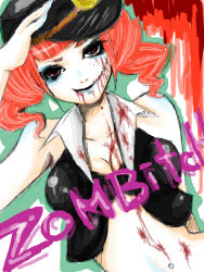 Rule 34 | 1girl, bad id, bad pixiv id, bags under eyes, bare shoulders, blood, breasts, cleavage, diruchi (zilch), eyeshadow, hat, large breasts, makeup, midriff, pixiv punk and rock, punk, red eyes, red hair, salute, sleeveless, solo, stitches, twintails, zombie