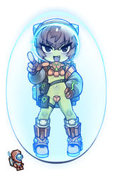 Rule 34 | 1girl, :d, alien, boots, breasts, brown hair, colored skin, creature and personification, crossed bangs, crotch plate, detached sleeves, energy barrier, fang, full body, gloves, green skin, grey sleeves, hair between eyes, hand on own hip, helmet, knee boots, long sleeves, looking at viewer, martian officer, navel, no nose, nyong nyong, open mouth, orange footwear, orange gloves, puffy long sleeves, puffy sleeves, reference inset, short hair, simple background, small breasts, smile, solo, space helmet, standing, terraria, thigh strap, tsurime, v-shaped eyebrows, white background