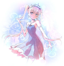 Rule 34 | 1girl, alternate hairstyle, blue dress, blue eyes, commentary, dress, earrings, elbow gloves, glint, gloves, highres, iesupa, jewelry, long hair, necklace, parted lips, pendant, rwby, scar, scar across eye, scar on face, short dress, sleeveless, sleeveless dress, solo, strapless, strapless dress, tiara, twintails, twintails day, weiss schnee, white gloves, white hair