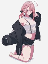 Rule 34 | 1girl, :3, absurdres, adjusting clothes, ahoge, barefoot, black jacket, black shorts, blush, bow, breasts, commentary, dot nose, feet, frayed shorts, hair behind ear, hair bow, hair ornament, highres, jacket, legs, long hair, long sleeves, looking at viewer, luvluvvox, medium breasts, navel, off shoulder, original, pink eyes, pink hair, shorts, sidelocks, simple background, single off shoulder, sleeves past wrists, solo, squatting, striped tank top, symbol-only commentary, tank top, thighs, white background, white tank top